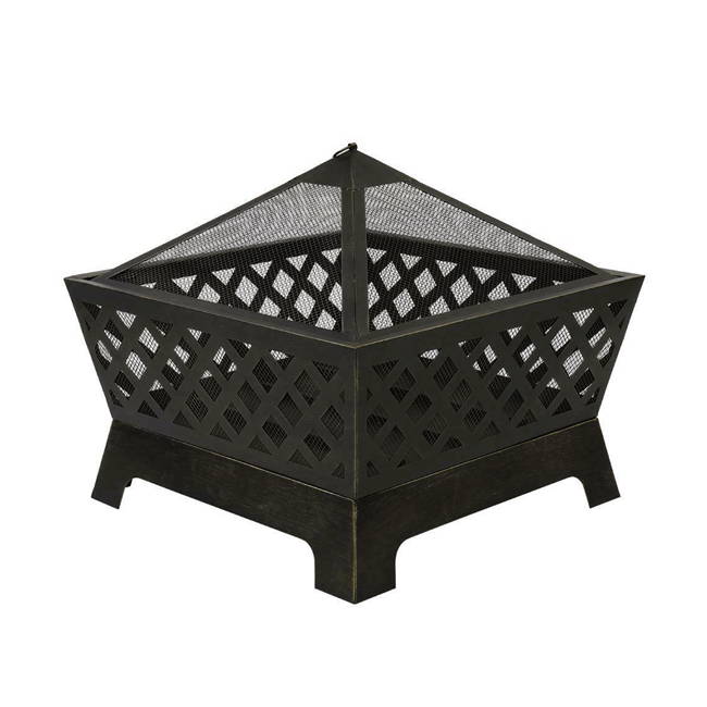 26in Large Square Bonfire Firepit , Wood Burning Fireplace Stove with Spark Cover Screen and Poker For Camping, Backyard, Grill, BBQ