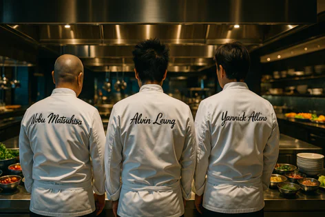 Three renowned chefs, Nobu Matsuhisa, Alvin Leung, and Yannick Alléno, seen from behind wearing white jackets with names, standing in a professional kitchen.