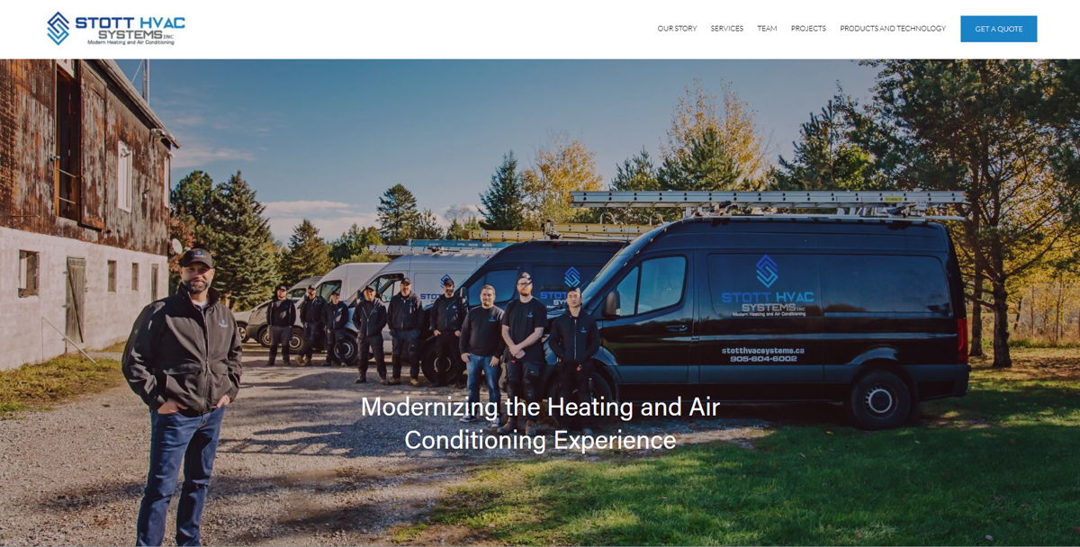 Screenshot of Stott HVAC, from the website hero section designs collection.