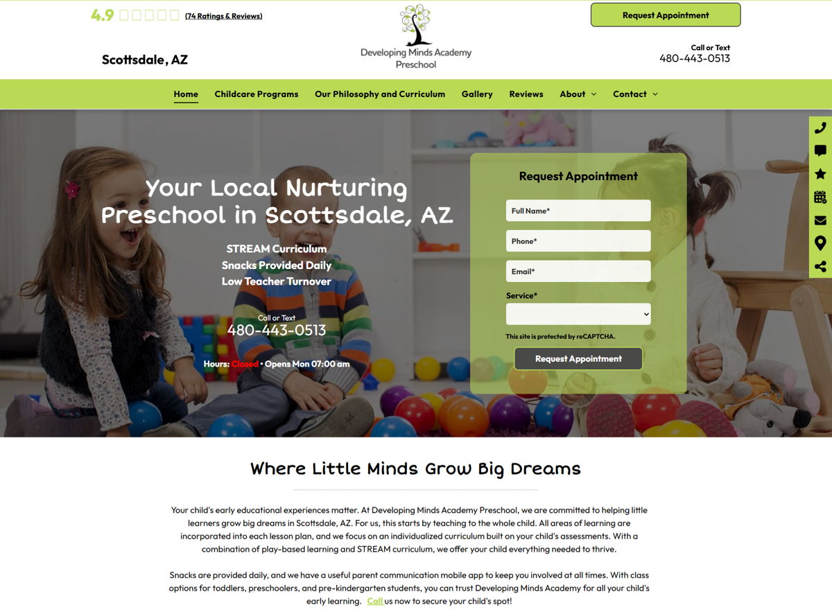 Screenshot of Developing Minds Academy Preschool, from the kindergarten websites collection.