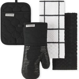 KitchenAid Quilted Cotton Terry Cloth Oven Mitt, Pot Holder Heat Resistant, 16"x26", 7"x13" & 7"x10", Onyx Black