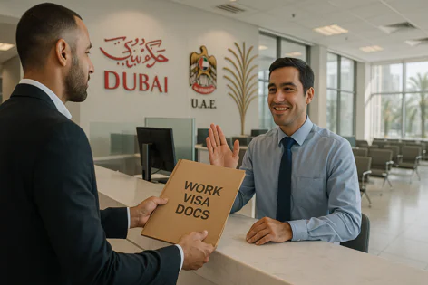 A man receives a folder labeled "WORK VISA DOCS" from another man at a counter in a Dubai office with UAE emblem.