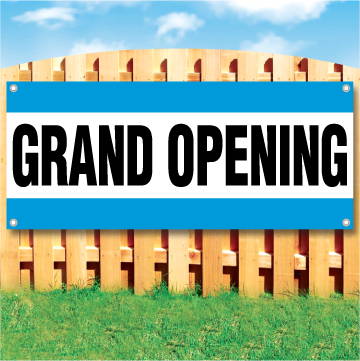 Wood fence displaying a banner saying 'GRAND OPENING' in black text on a white background with top and bottom blue stripes