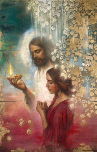 Jesus guiding a young woman with a glowing lamp. Golden leaves tumble down from the top-right corner.