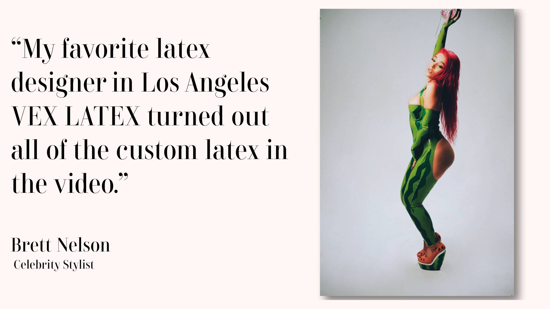 Model smiling in glossy red latex blazer by Vex Clothing, luxury latex fashion editorial look.