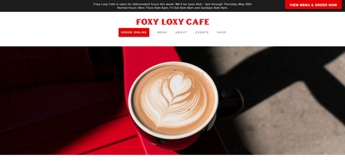 Screenshot of Foxy Loxy Café, from the cafe & coffee shop websites collection.