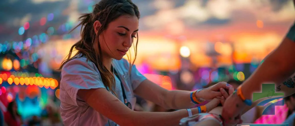 Travel nurse treating a festival-goer's injury at sunset