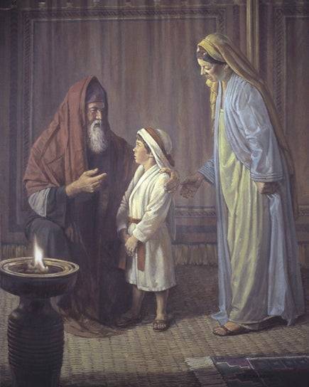 Painting of Eli speaking to the young Samuel while his mother Hannah watches.
