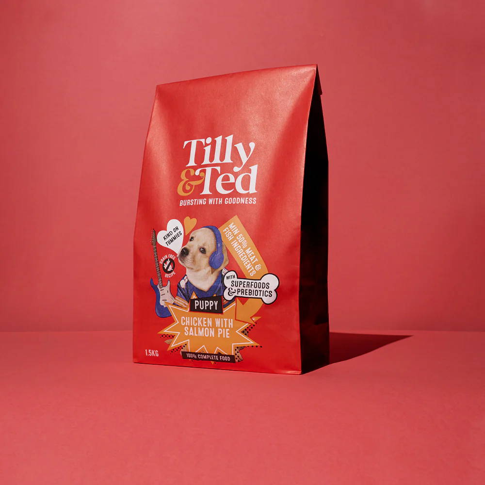 Tilly & Ted Chicken with Salmon Pie recipe for dogs, on red background