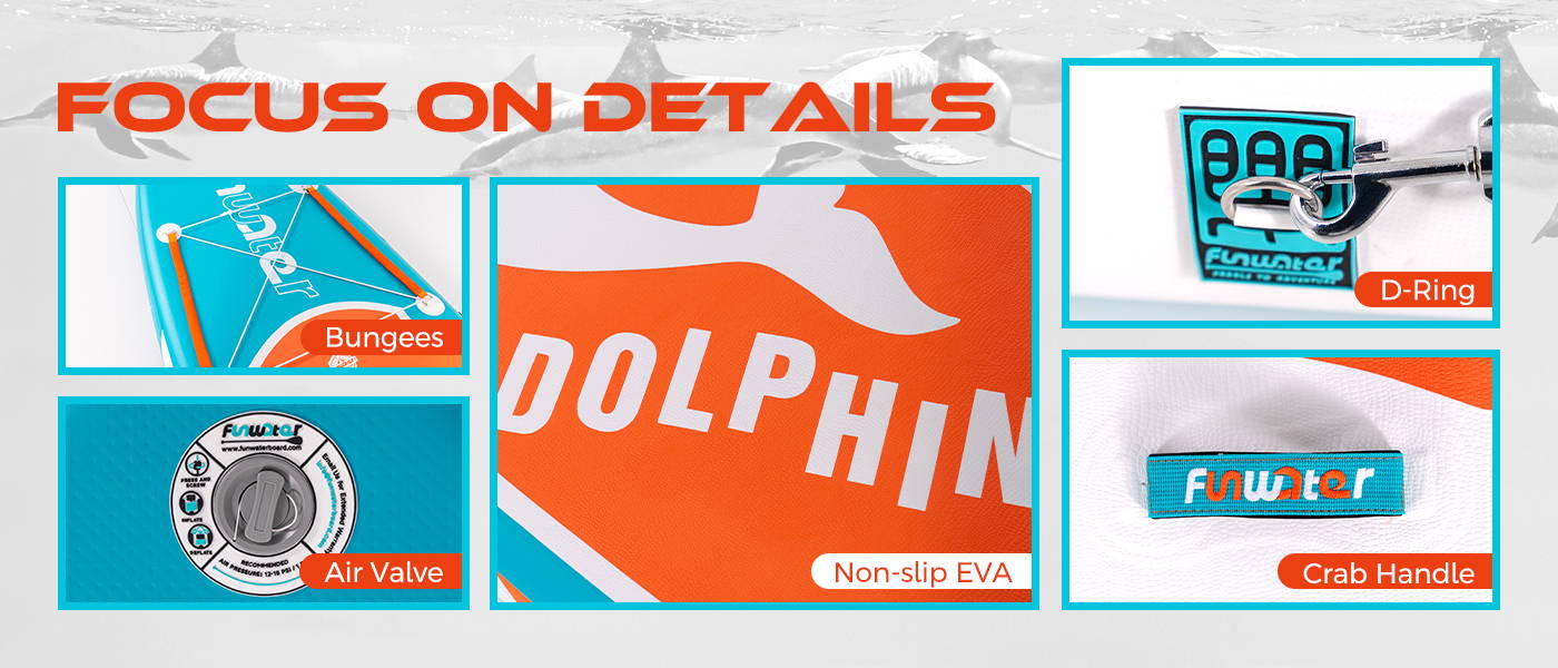Stand up paddle board focus on details: bungees, D-Ring, Air Valve, crab handle, non-slip EVA