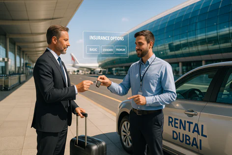 Businessman getting car keys from a rental agent outside a Dubai airport terminal. An overlay shows "Insurance Options: Basic, Standard, Premium". A rental car with "Rental Dubai" is visible.
