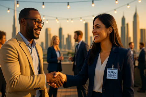 Two business professionals, a man and woman, smile while shaking hands at a rooftop networking event overlooking a cityscape at sunset, string lights visible.