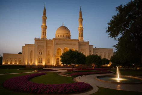Illuminated grand white mosque with a large central dome and two tall minarets at twilight. A curved garden path features vibrant purple flowers and a lit fountain in the foreground.