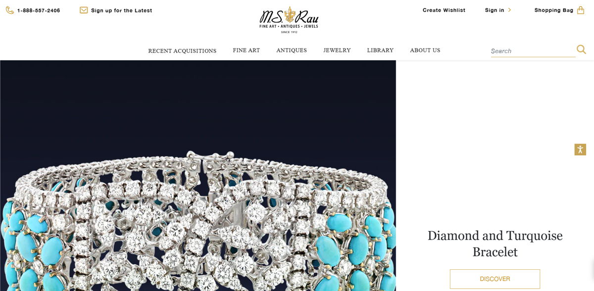 Screenshot of M.S. Rau, from the shopify jewelry stores collection.