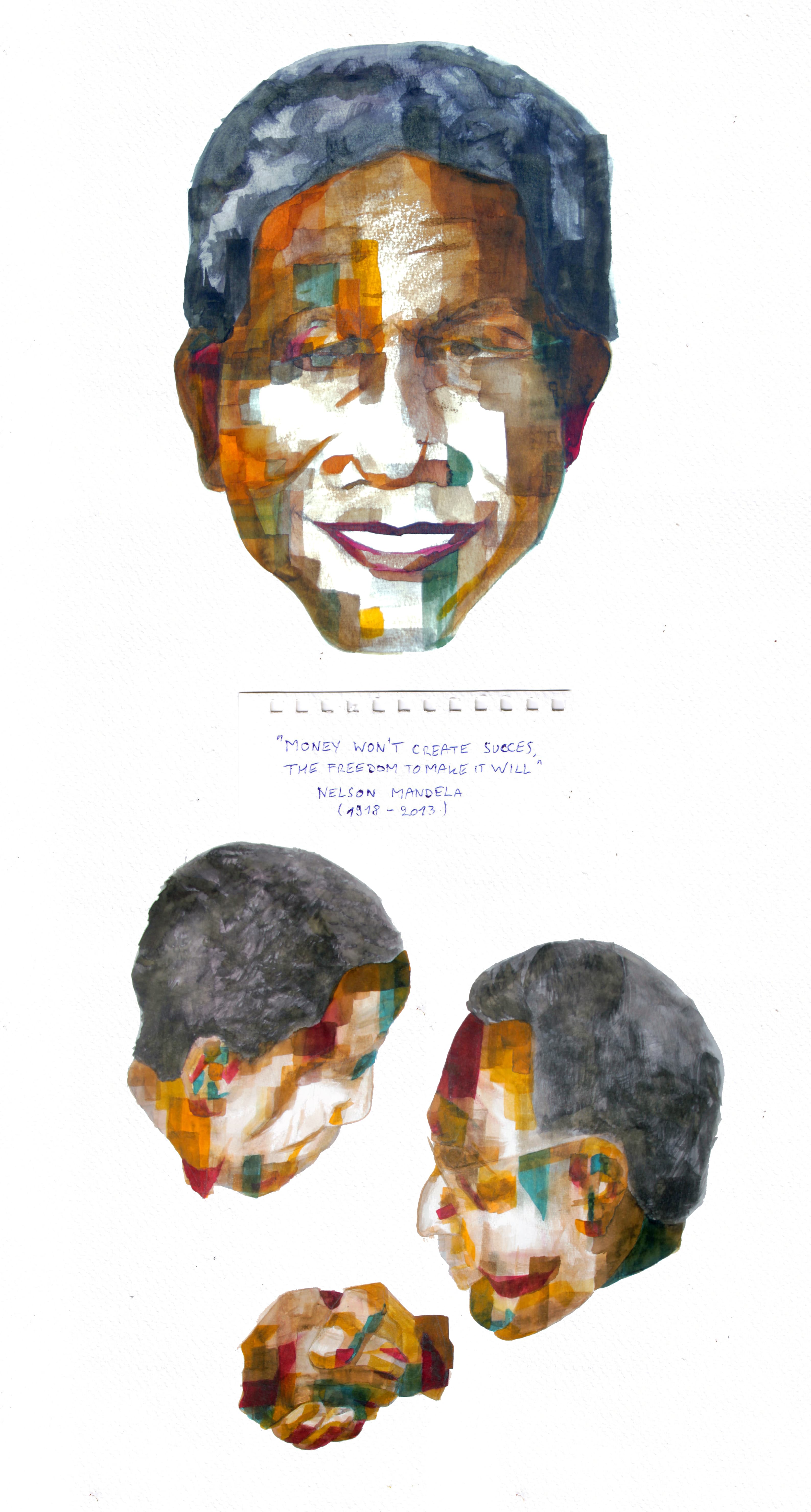 Portret Nelson Mandela handenschuddend met Barack Obama (door Alex Deforce voor De Standaard Weekblad)