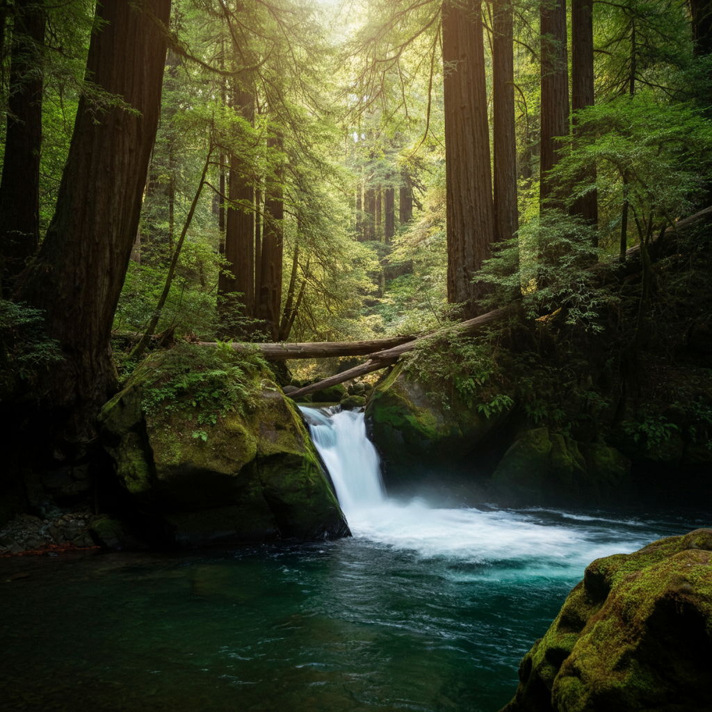 A photographic style image of A hidden swimming hole along Fall Creek, with crystal-clear water cascading over moss-covered rocks. Dappled sunlight filters through the redwood canopy above. high focus, sharp, lots of bright light, extra bright, highly detailed, high quality, dslr, film grain, fujifilm XT3, RAW photo, RAW candid cinema, color graded porta 400, depth of field, hyper realistic, natural-looking, expressive, textured skin, texture, 8k, photorealistic