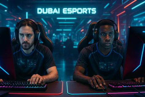 Two focused esports players, one white and one Black, wearing headsets and gaming in a futuristic arena with a "Dubai Esports" sign. They are sitting at desks with glowing keyboards and mice.