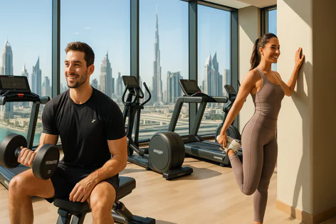 Couple working out in a modern gym overlooking the Dubai skyline. Man lifts a dumbbell on a bench, woman stretches near a wall. Burj Khalifa visible through large windows.