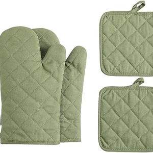 M Miaoyan Oven Mitts and Pot Holders 4 pcs Set,High Heat Resistant 500 Degree Extra Thicken Long Kitchen Cotton Oven Glove for Cooking (12 Inch,Green)