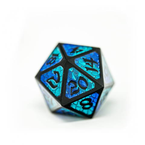 A single metal D20, our Drakona Embers Sein frames a gorgeous custom font on a turquoise and blue dragon scale backdrop.