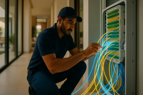 A skilled technician in a blue uniform and cap kneels, working on a fiber optic network box, carefully connecting glowing blue and yellow cables for high-speed internet installation.