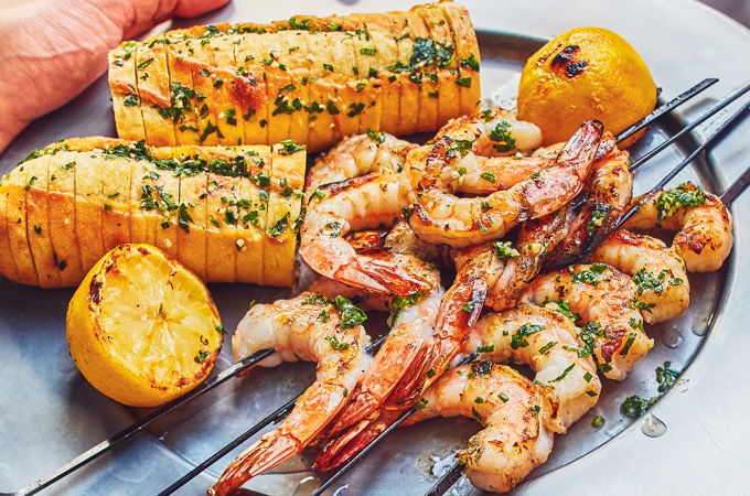 Grilled Garlic Butter Shrimp with Garlic Bread