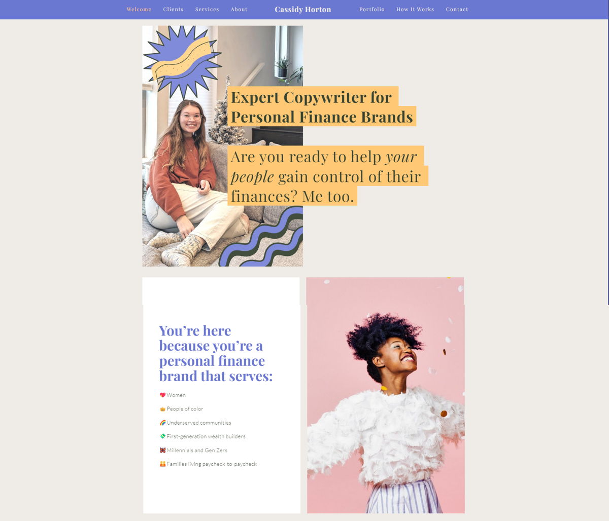 Screenshot of Cassidy Horton, from the copywriting portfolios collection.