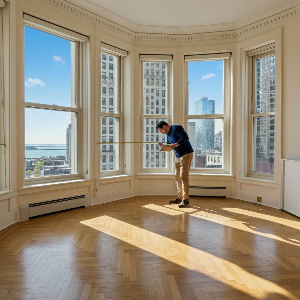 An appraiser carefully measuring the spacious living area of a Gold Coast condominium. Sunlight streams through large windows highlighting the herringbone hardwood floors and crown molding. The appraiser takes detailed notes on a clipboard while photographing architectural details that add value to the historic property. Lake Michigan is visible through the windows, showcasing the premium location.