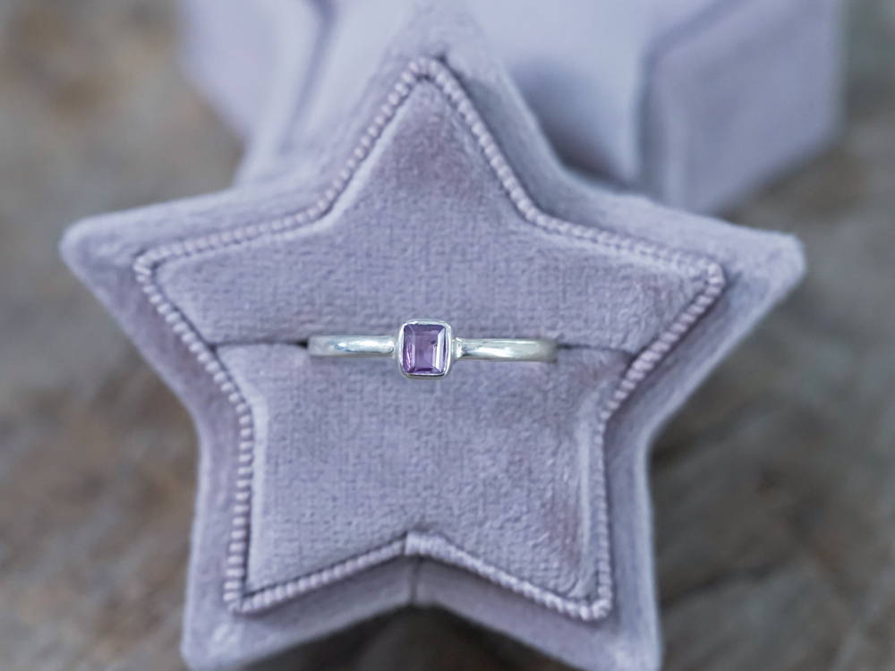 Pink Sapphire Ring in Dusty Lavender Velvet Star Ring Box