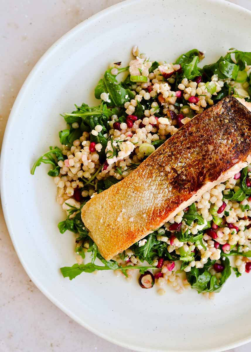 Crispy Skin Salmon with Pearl Couscous Salad Recipe by Mandy | Minimax
