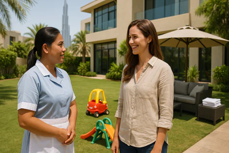 Domestic staff in uniform talks with woman in sunny backyard with kids toys, modern house, and Burj Khalifa in background.