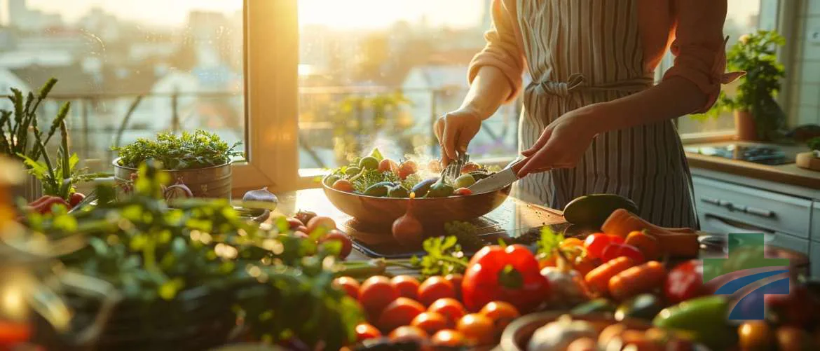 Travel nurse preparing a healthy meal with a bustling cityscape behind.