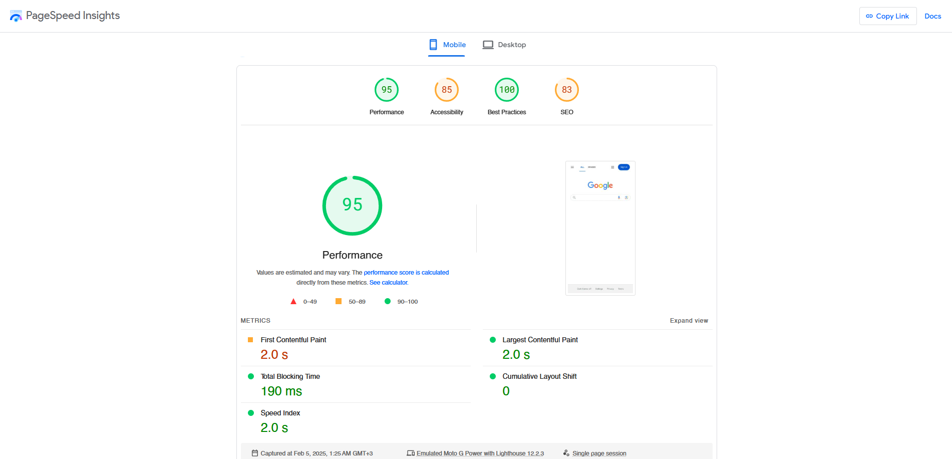 PageSpeed Insights run for google.com