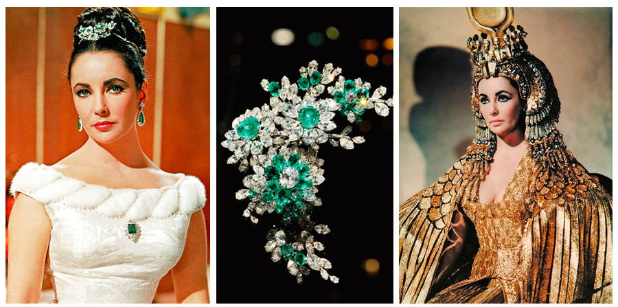 Image à trois tableaux avec l'actrice américaine Elizabeth Taylor parée de bijoux d'émeraude, le bijou de coiffure rapproché et une scène du film Cleopatra de Joseph L. Mankiewicz.