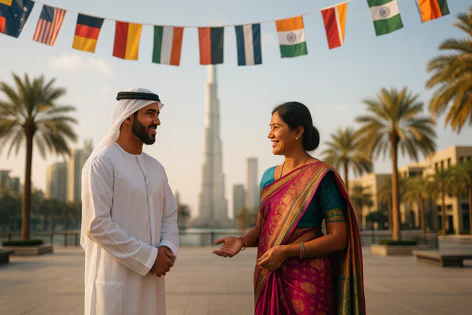 A man in traditional white Arab dress talks with a woman wearing a colorful sari. The Burj Khalifa and international flags hang above them while they smile outdoors in Dubai.