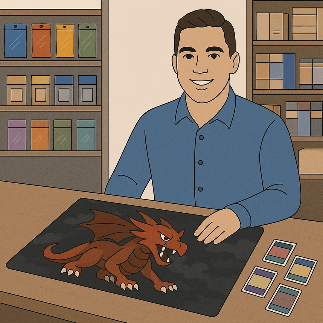 Illustration of a gamer showing a dragon playmat and trading cards