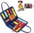 Little girl looking at a colorful Montessori Busy Board toy with buckles, zippers, shoelaces, and snap pockets.