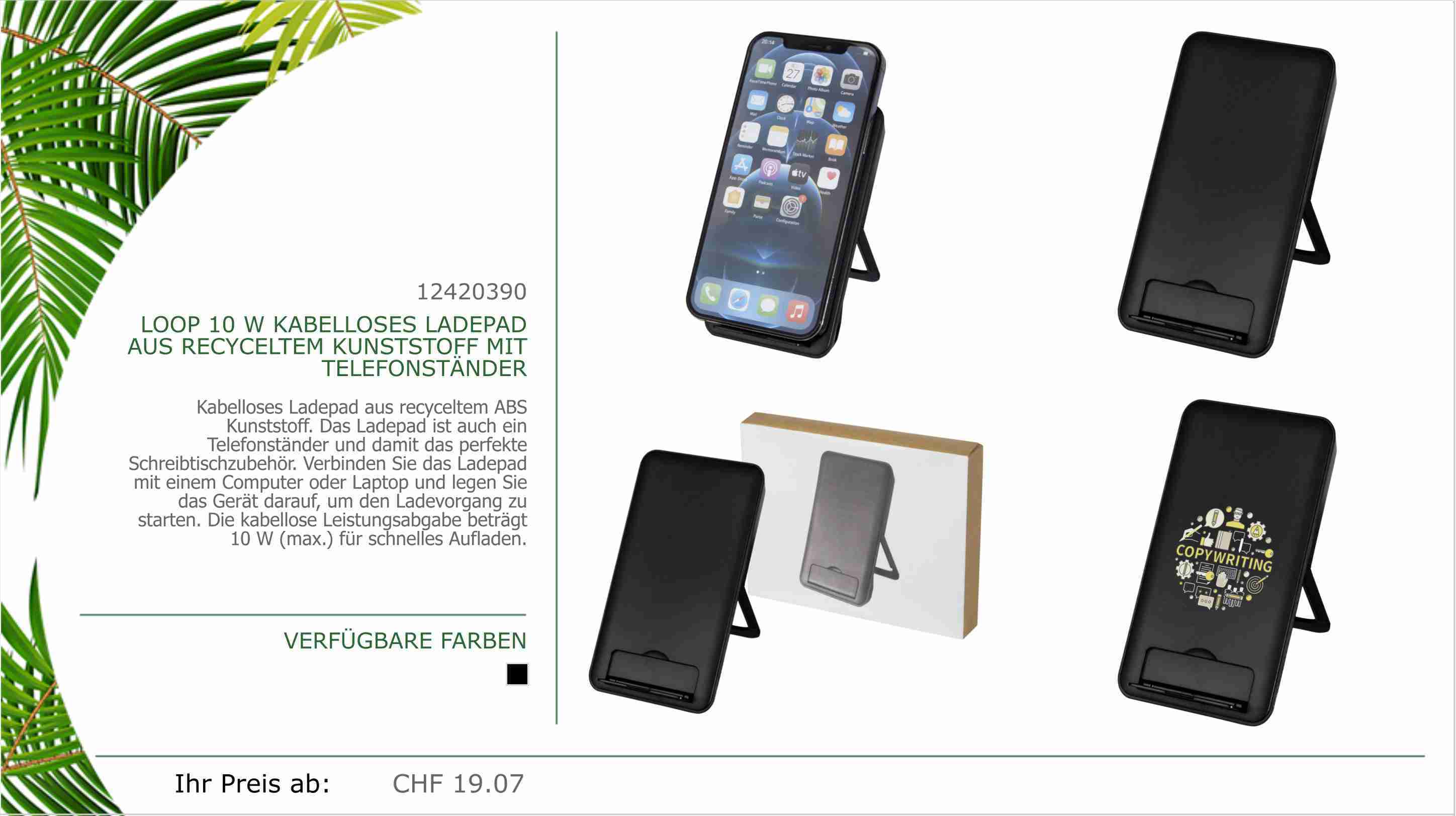 Der Loop 10 W Kabelloses Ladepad ist ein innovativer Werbeartikel, der eine schnelle und bequeme kabellose Ladefunktion für Smartphones und andere kompatible Geräte bietet. Mit einer Leistung von 10 Watt ermöglicht es eine effiziente und schnelle Aufladung. Das kompakte und stilvolle Design macht es zu einem ansprechenden Accessoire auf jedem Schreibtisch oder Nachttisch. Personalisierbar mit Ihrem Firmenlogo wird der Loop 10 W zu einem wirkungsvollen Werbeträger, der Ihre Marke in den Alltag Ihrer Kunden integriert. Ein praktisches und modernes Geschenk, das Ihren Kunden stets zur Hand geht.