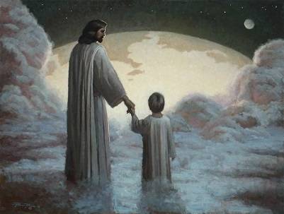 LDS art pre-earth painting of little boy holding Jesus' hand as they look down on Earth. 