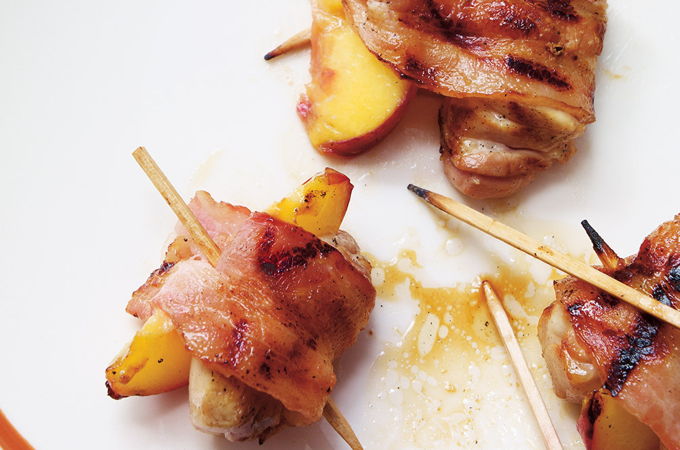 Bacon-Wrapped Chicken and Peach Mini Skewers