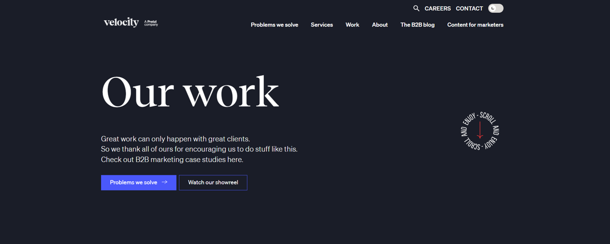 Screenshot of Velocity Partners, from the content marketing portfolios collection.