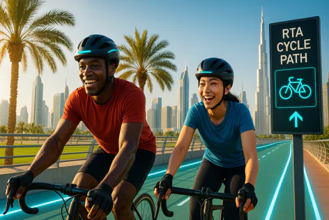 Man and woman smiling while cycling on the RTA Cycle Path in Dubai, enjoying a sunny day with skyscrapers and palm trees visible behind them.