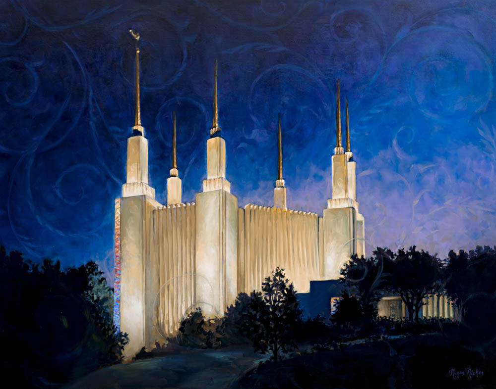 Painting of the Washington DC Temple glowing against a swirling sky.
