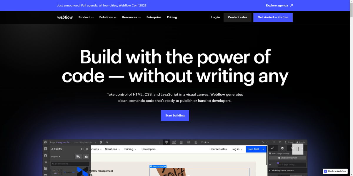 Screenshot of Webflow, from the startup websites collection.