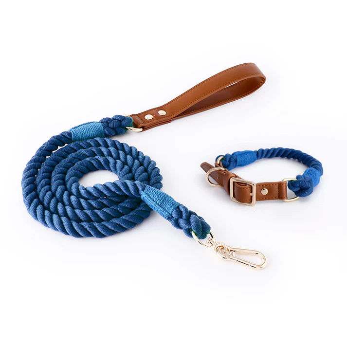 Navy Blue Premium Leather Pet Collar and Leash - Soft, Strong Braided Rope