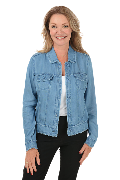 A frayed lightweight tencel denim jacket.