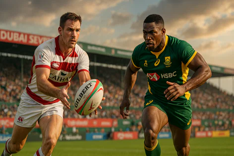 Rugby players in action during a Dubai Sevens tournament match. A player in a white and red jersey passes the Gilbert ball while a player in a green jersey runs nearby on the field.