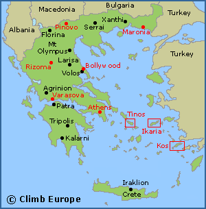 Map of the main bouldering areas in Greece