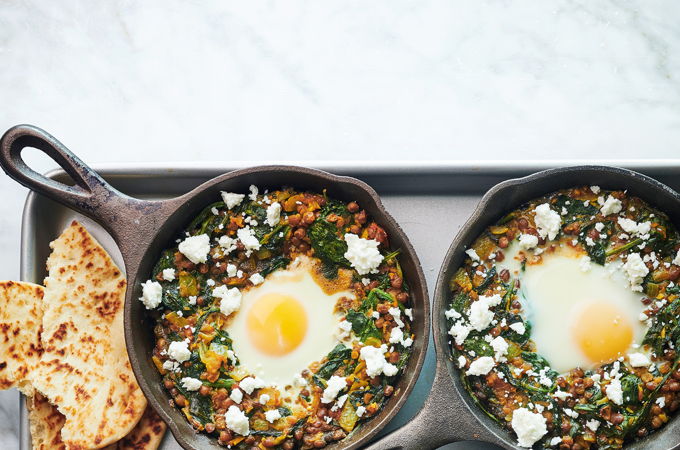 Oeufs pochés, épinards et lentilles