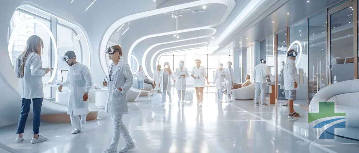 Healthcare professionals discuss VR integration in a modern meeting room